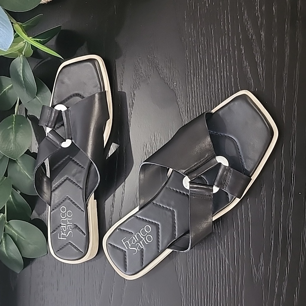FRANCO SARTO Molana Leather Sandals 7.5 Slides Minimalist Buckle Square Toe - Picture 7 of 15